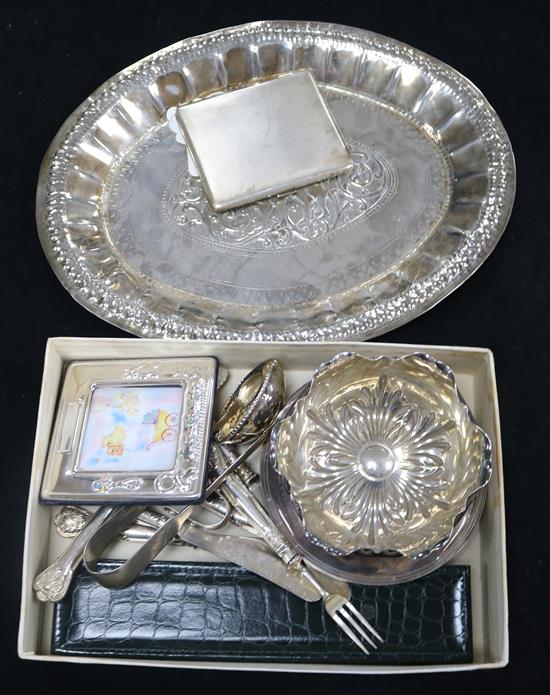 A silver cigarette case and other mixed items including fruit eaters, Georgian sugar tongs and a photograph frame.